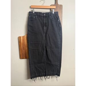Gap Black Wash Denim Flat Front Frayed Hem Front Slit Straight Midi Skirt Size 4